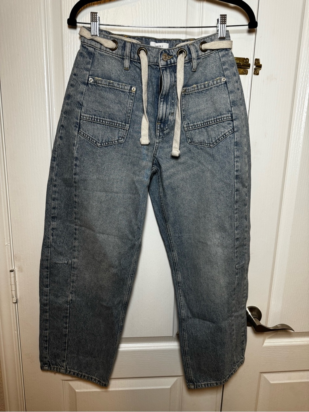 Forever 21 Women Blue Drawstring High Waist Utility Straight Leg Jeans Size 27